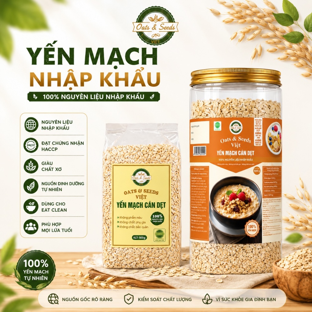 Yến Mạch Cán Dẹt Cán Vỡ 500g Oats & Seeds Việt - Túi 500g/Hũ 500g, Thực Phẩm Healthy
