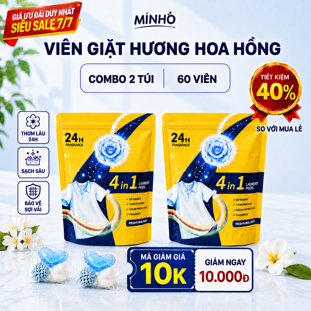 Combo 02 Túi Viên giặt quần áo hương hoa hồng thơm lâu 24h, viên giặt đậm đặc làm sạch sâu 4 in 1