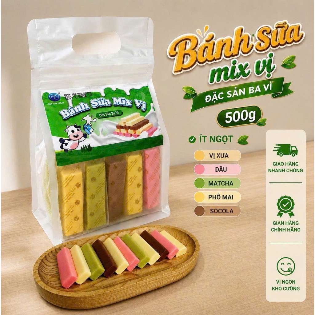 MIX 5 vị (Sữa, dâu, phomai, socola, mattra). Đặc sản bánh sữa Ba Vì. 1kg / 500g/ 300g
