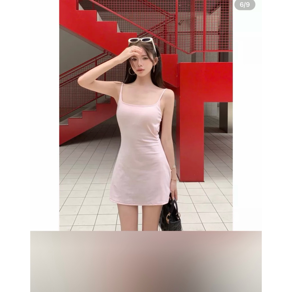 Váy Body Hai Dây Dáng Ngắn Kèm Mút Ngực Tôn Eo Cotton Co Giãn Mặc Đi Chơi Cafe Dạo Phố