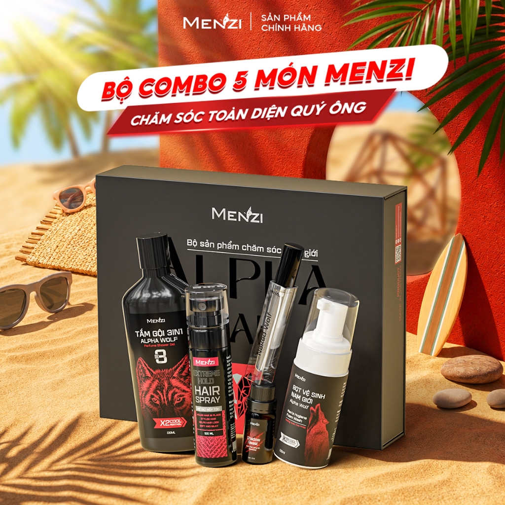 BỘ COMBO 5 MÓN MENZI ALPHA MAN: Tắm Gội 3in1 + Bọt Vệ Sinh Nam Giới + Xịt Tạo Kiểu Tóc + NH Body 10ml + NHVK 10ml