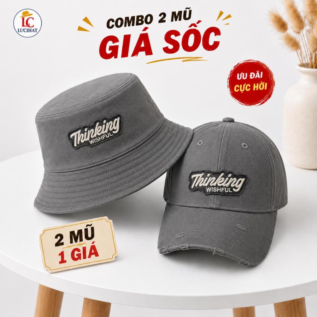 COMBO 2 Mũ Lưỡi Trai Và Mũ Bucket Thêu Thinking Thời Trang Cặp Đôi, Mũ Đội Đôi Couple Chất Vải Kaki Cao Cấp, Form Unisex