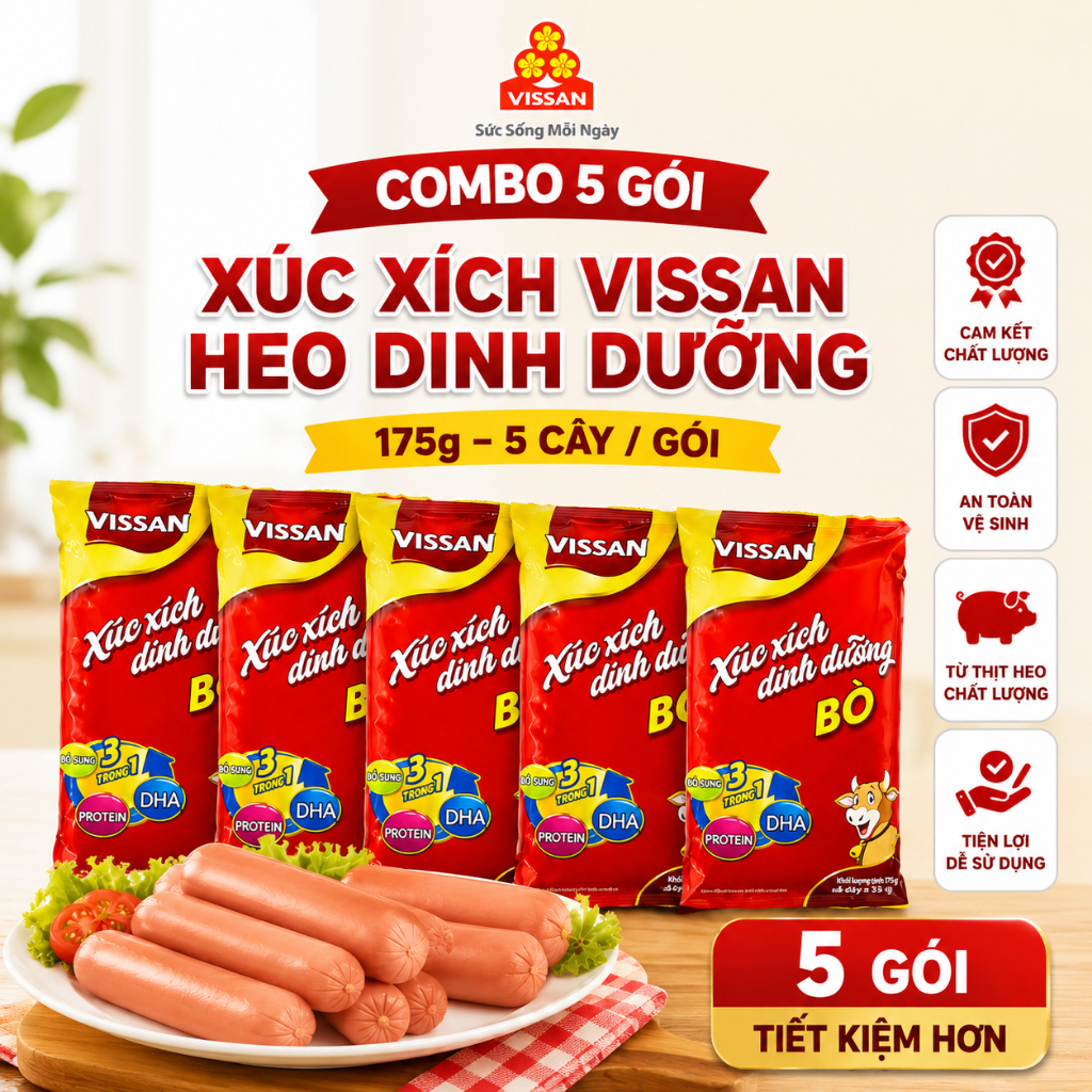 [Combo 5 gói] Xúc Xích Vissan Bò Dinh Dưỡng 175g – 5 Cây – Tiện Lợi – Hàng Chính Hãng