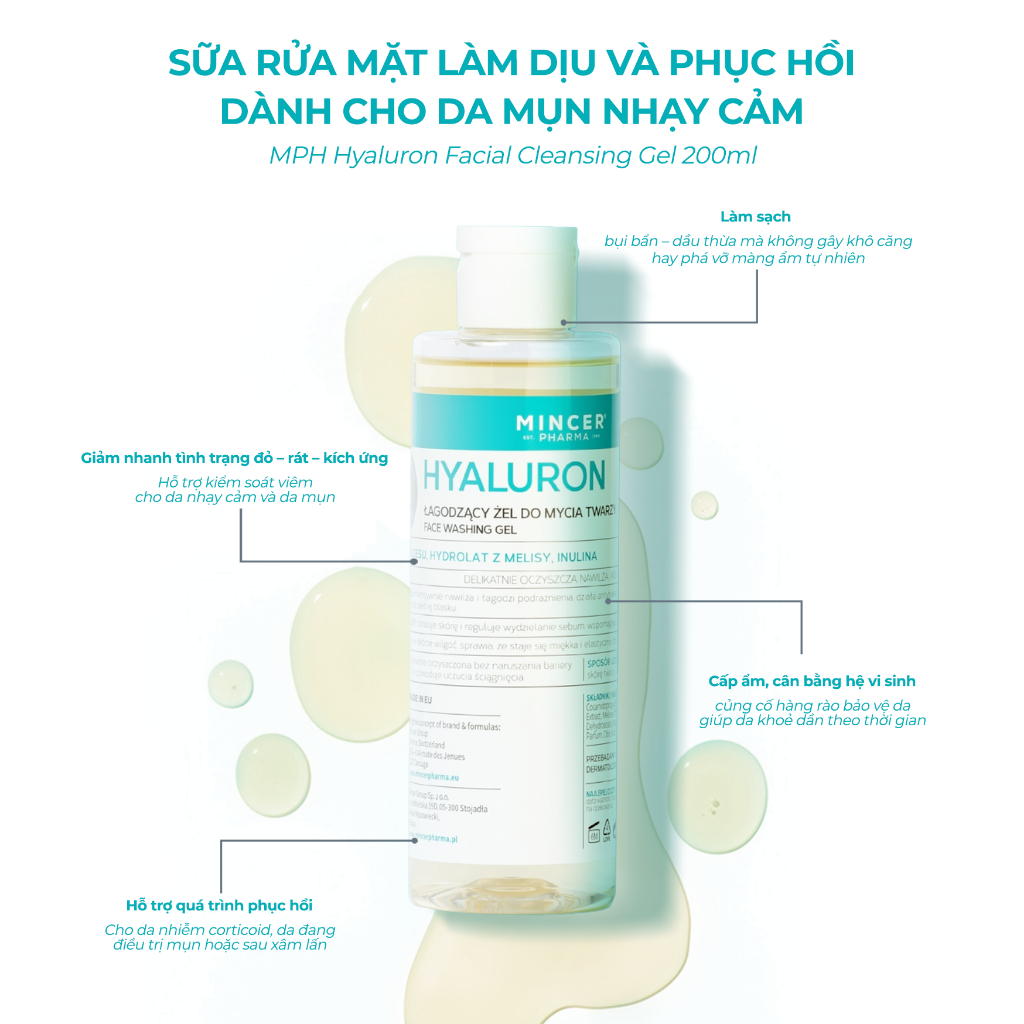 Sữa Rửa Mặt Làm Sạch Sâu Cho Da Nhạy Cảm, Da Mụn Mincer Hyaluron Facial Cleasing Gel 405 200ml