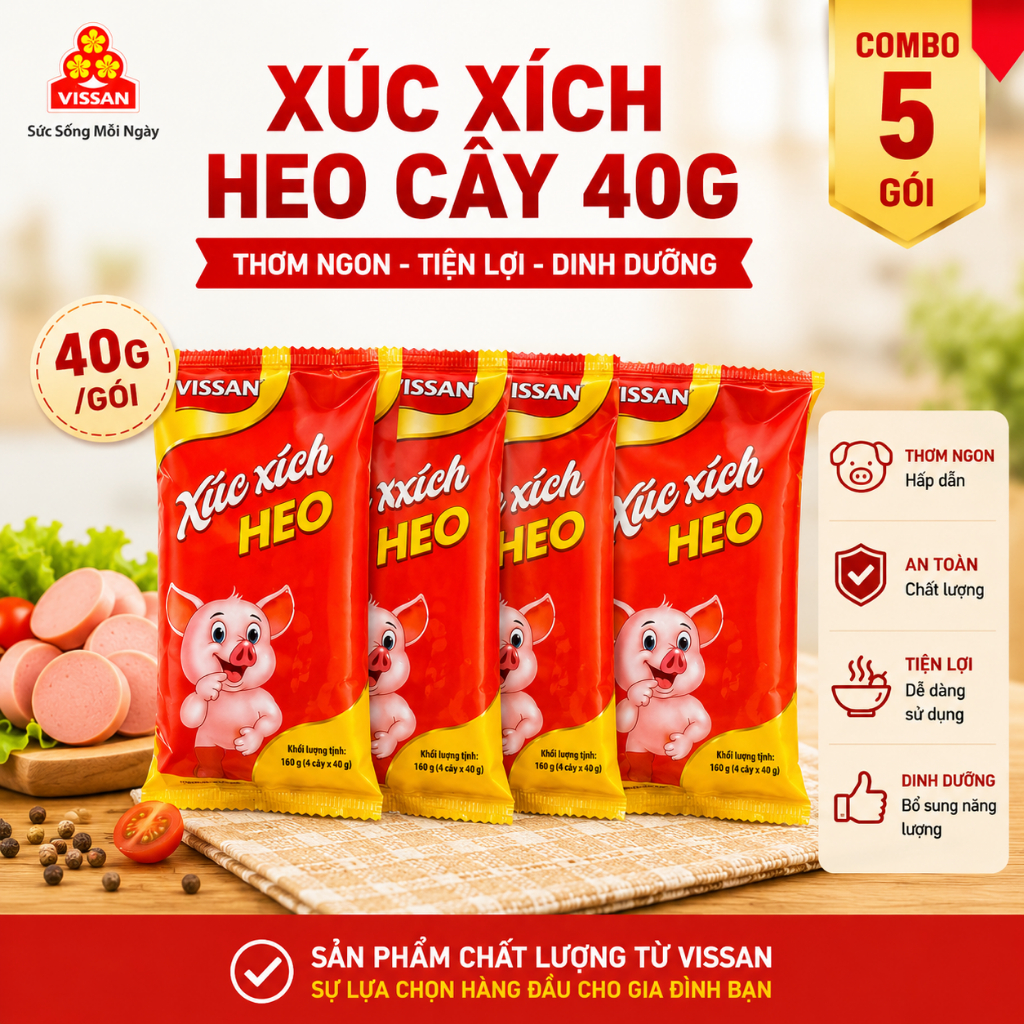 [ COMBO 5 GÓI ] Xúc Xích Tiệt Trùng Heo Vissan 160g (4 Cây x 40g) – Date Mới Nhất