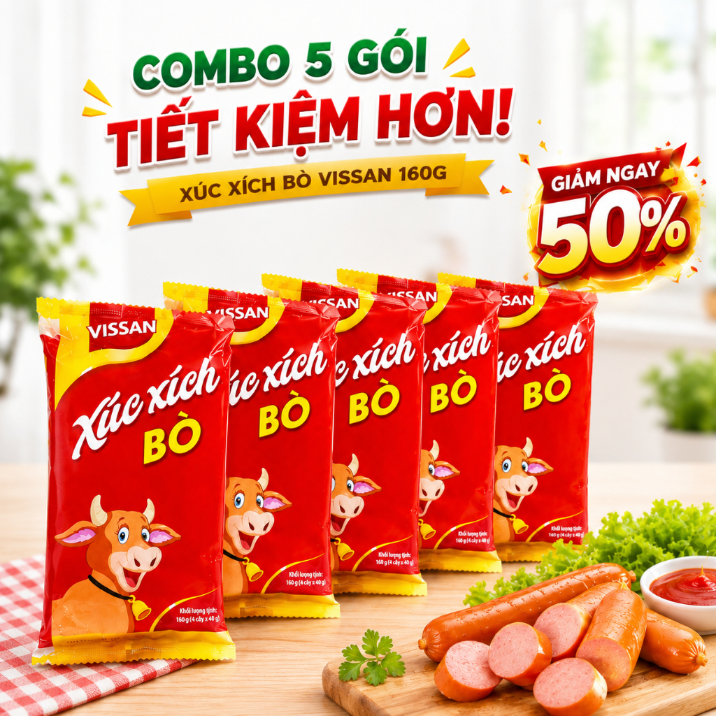 [ COMBO 5 GÓI ] Xúc Xích Tiệt Trùng Bò Vissan 160g (4 Cây x 40g)