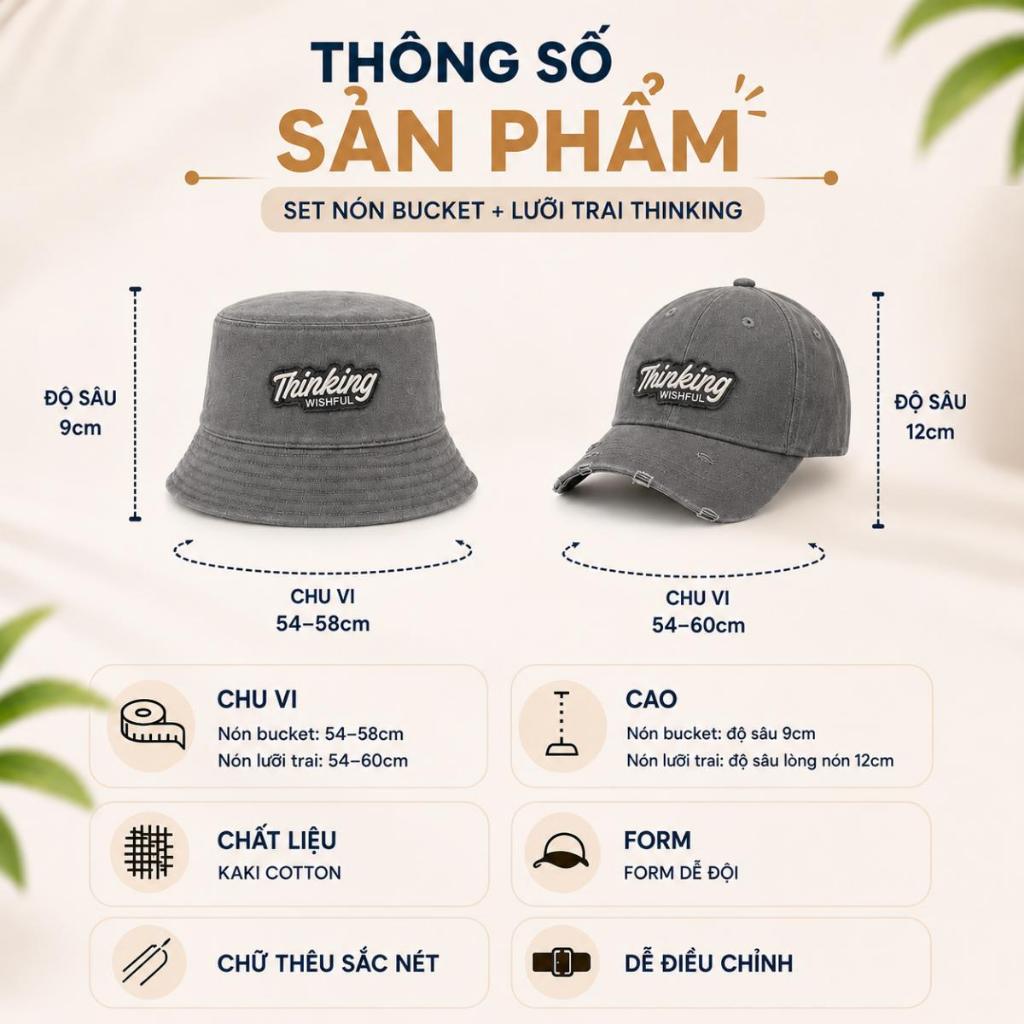 COMBO 2 Mũ Lưỡi Trai Và Mũ Bucket Thêu Thinking Thời Trang Cặp Đôi, Mũ Đội Đôi Couple Chất Vải Kaki Cao Cấp, Form Unisex