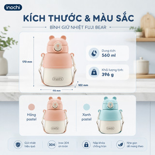 Bình Giữ Nhiệt Fuji Bear Inochi 560ml Inox 316 Có Ống Hút Giữ Nóng Lạnh 6H+ Quai Xách Cute