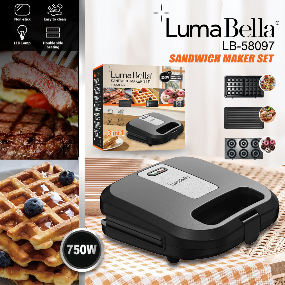 Máy kẹp bánh đa năng LUMABELLA LB-58097 Khay Nướng 3-In-1 Siêu Tốc – Máy nướng Sandwich, Donut Mini cho bữa sàng LB58097