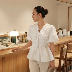 Áo Kiểu Nữ Tay Phồng Cổ V Thắt Dây Nơ Phối Chi Tiết Xếp Ly Chiết Eo Dáng Xòe Mùa Hè Kimee - KA948