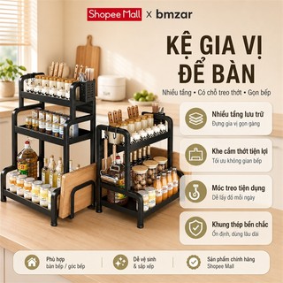 BMZAR Kệ Gia Vị INOX 304 Đặt Bàn Cao Cấp Không Han Gỉ,  Tặng Kèm Khay Để Thớt