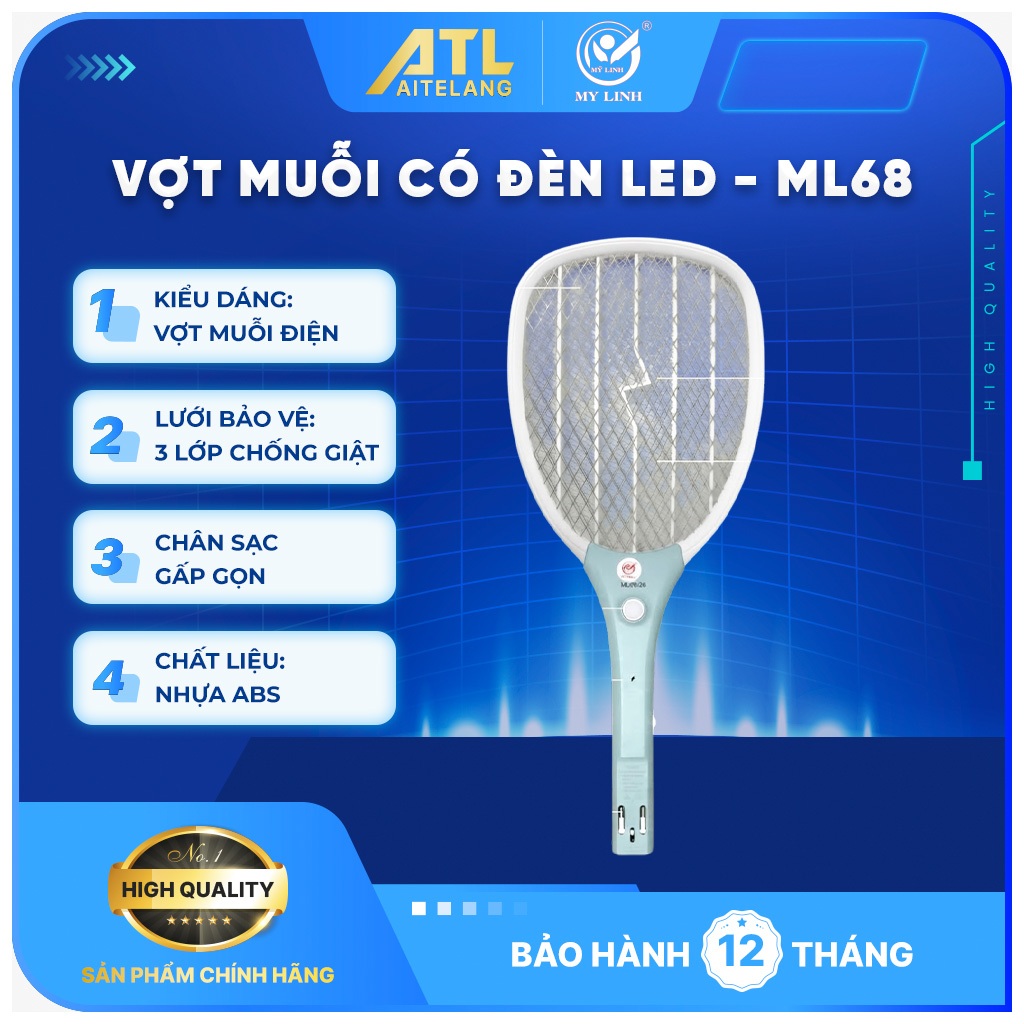 Vợt muỗi EA-ZG0001B, vợt bắt muỗi loại dùng pin sạc điện, chân sạc gấp gọn, có đèn led tiện lợi,ML68