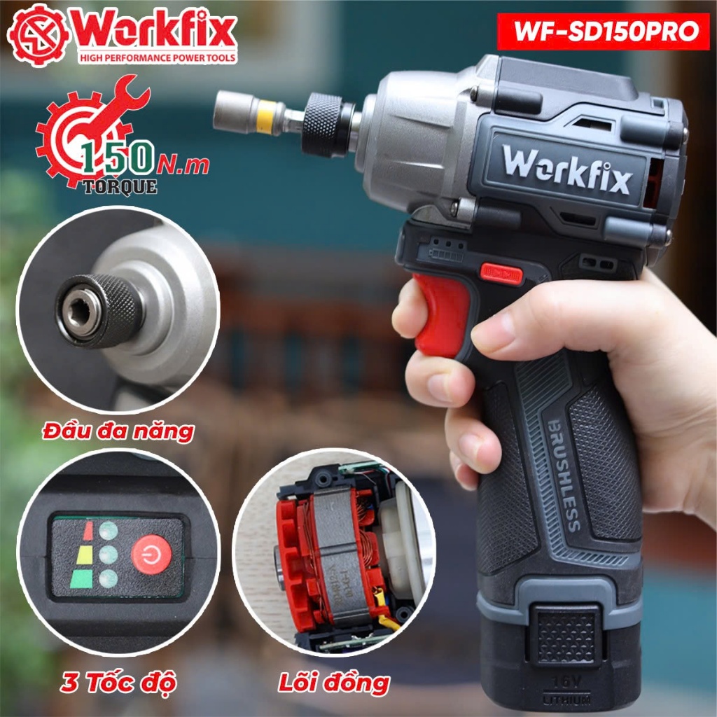 Máy bắn vít Có Búa WORKFIX WF-SD150PRO, Lực siết 150Nm, 3 Mức tốc độ - Không chổi than
