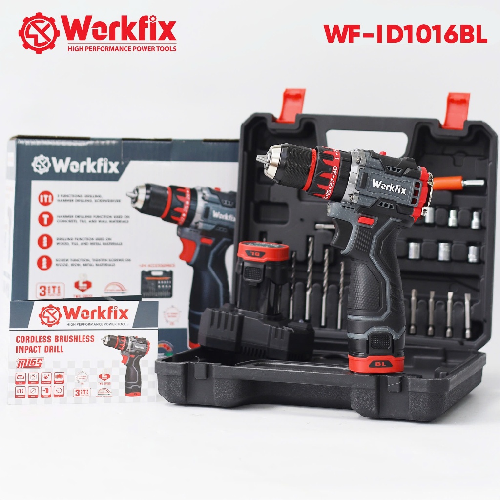 Máy khoan pin WORKFIX 16.8V WF-ID1016BL Auto lock - không chổi than tặng kèm bộ phụ kiện 24 chi tiết