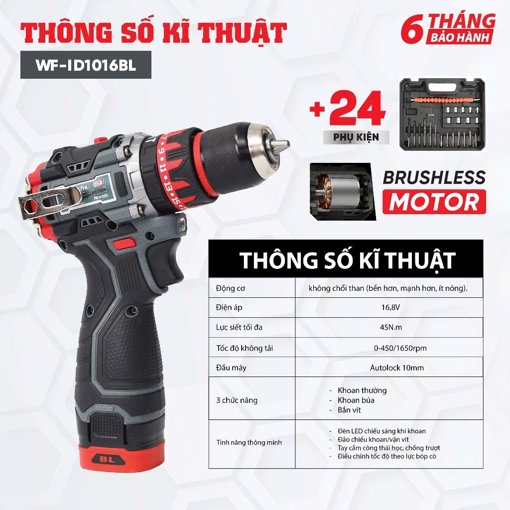 Máy khoan pin WORKFIX 16.8V WF-ID1016BL Auto lock - không chổi than tặng kèm bộ phụ kiện 24 chi tiết