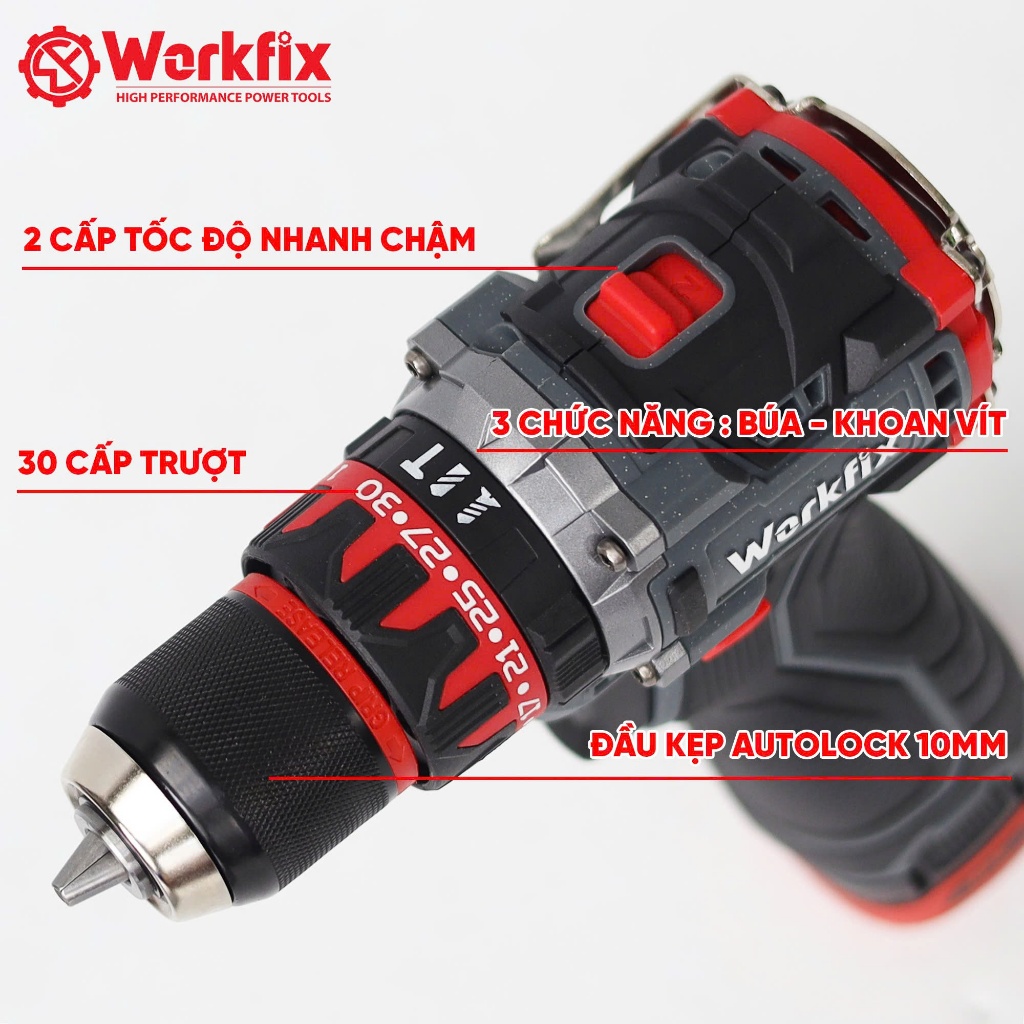 Máy khoan pin WORKFIX 16.8V WF-ID1016BL Auto lock - không chổi than tặng kèm bộ phụ kiện 24 chi tiết