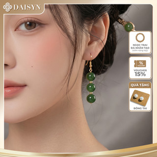 [NgocDaisy] N386 Bông tai 3 hạt Ngọc hạt đá canxedon xanh tự nhiên , khuyên tai nữ, hoa tai nữ dáng dài sang trọng