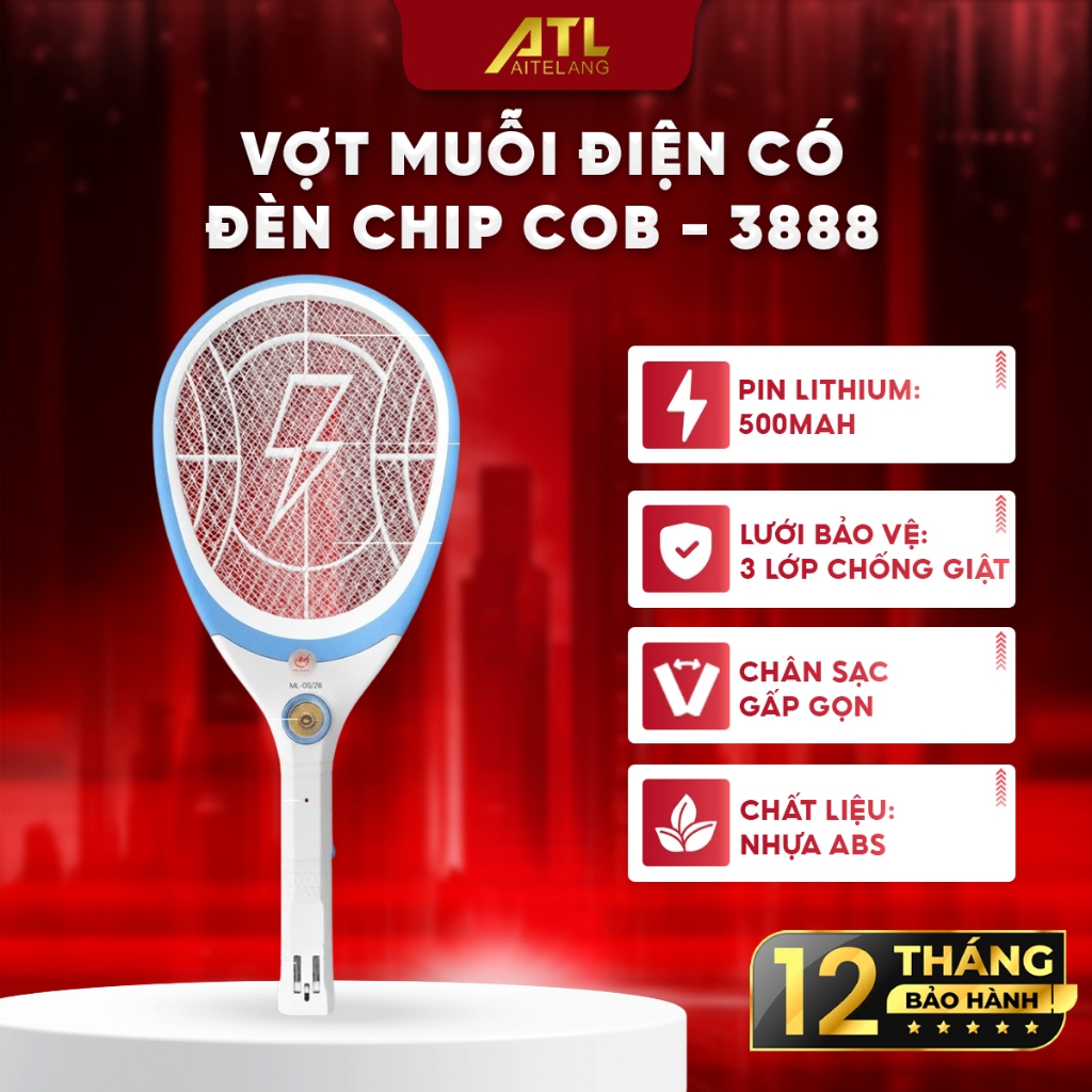 Vợt muỗi điện 3888 pin lithium 500mAh, vợt bắt muỗi tích hợp đèn led COB sáng và chân sạc gấp gọn