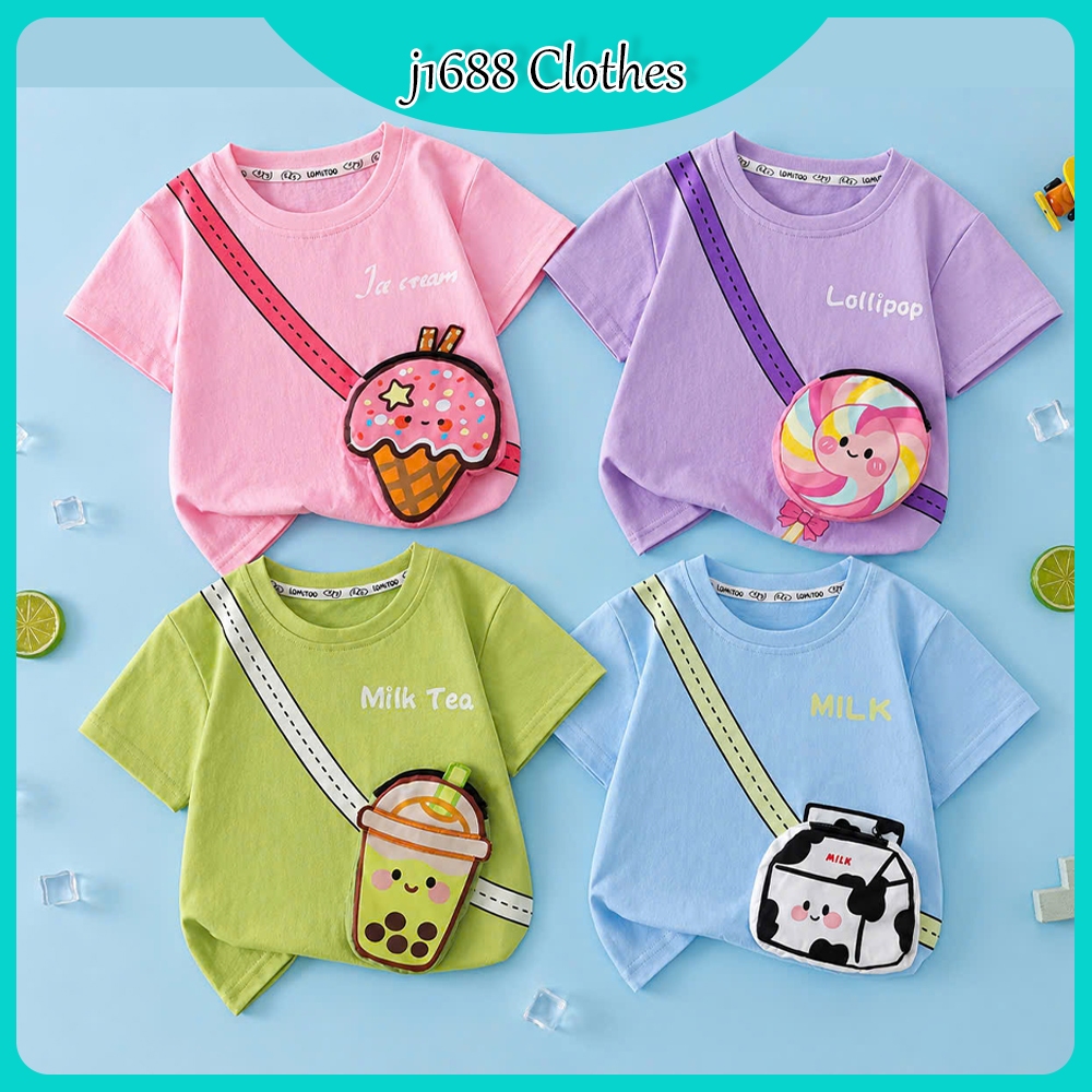 Áo Cộc Tay Cotton (8-29kg) Cho Bé Trai Bé Gái In Hình Túi Giả Đeo Chéo Dễ Thương j1688 M0063