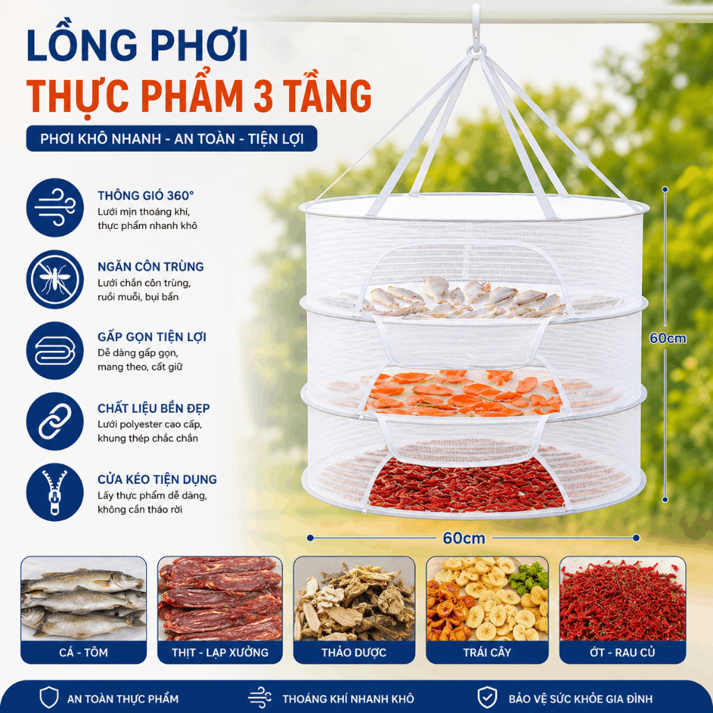 Lồng Phơi Thực Phẩm, Phơi Cá Khô Chống Ruồi Muỗi, Côn Trùng Bằng Vải Lưới Polyester Dễ Dàng Vệ Sinh,Thu Gọn