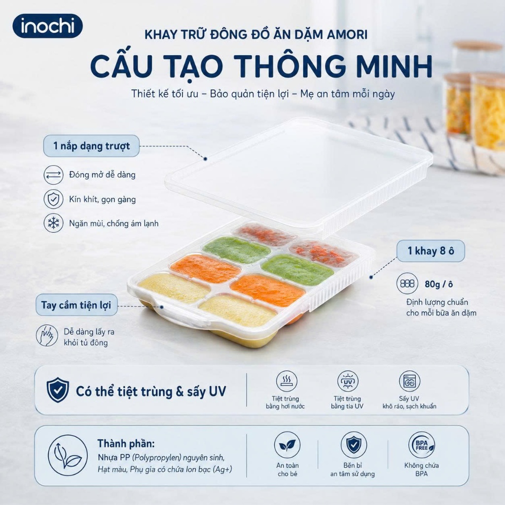 Khay Trữ Đông Đồ Ăn Dặm Inochi - Amori: Nhiều ngăn, nhựa PP, kháng khuẩn, an toàn cho bé