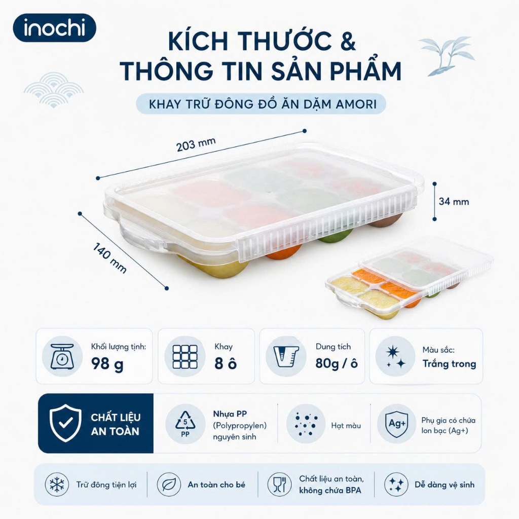Khay Trữ Đông Đồ Ăn Dặm Inochi - Amori: Nhiều ngăn, nhựa PP, kháng khuẩn, an toàn cho bé