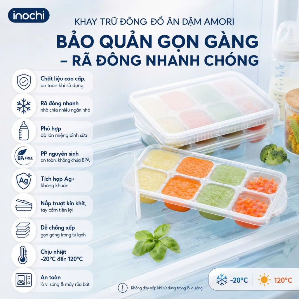 Khay Trữ Đông Đồ Ăn Dặm Inochi - Amori: Nhiều ngăn, nhựa PP, kháng khuẩn, an toàn cho bé