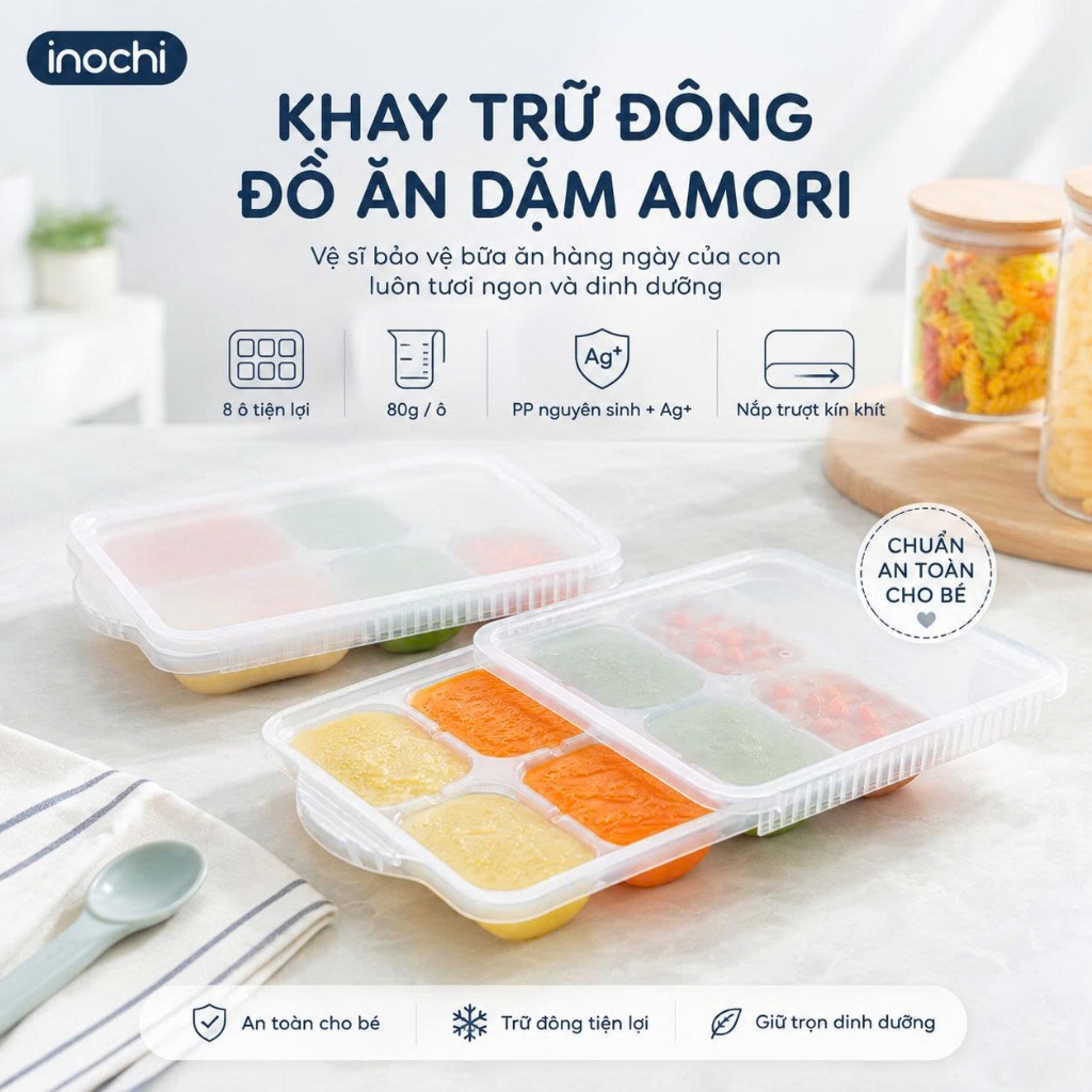 Khay Trữ Đông Đồ Ăn Dặm Inochi - Amori: Nhiều ngăn, nhựa PP, kháng khuẩn, an toàn cho bé