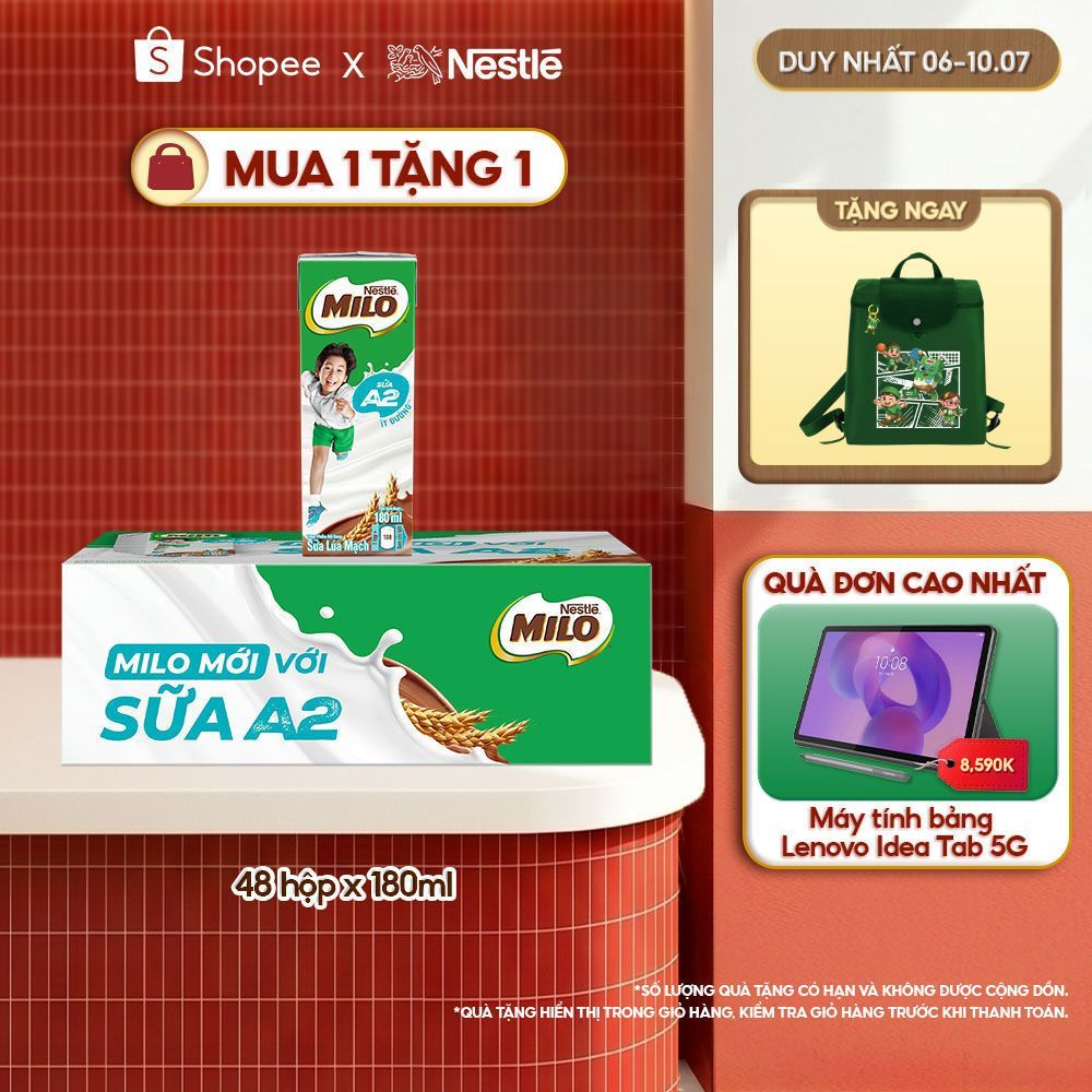 Thùng Sữa lúa mạch Nestle MILO A2 MỚI (48 Hộp x180ml)