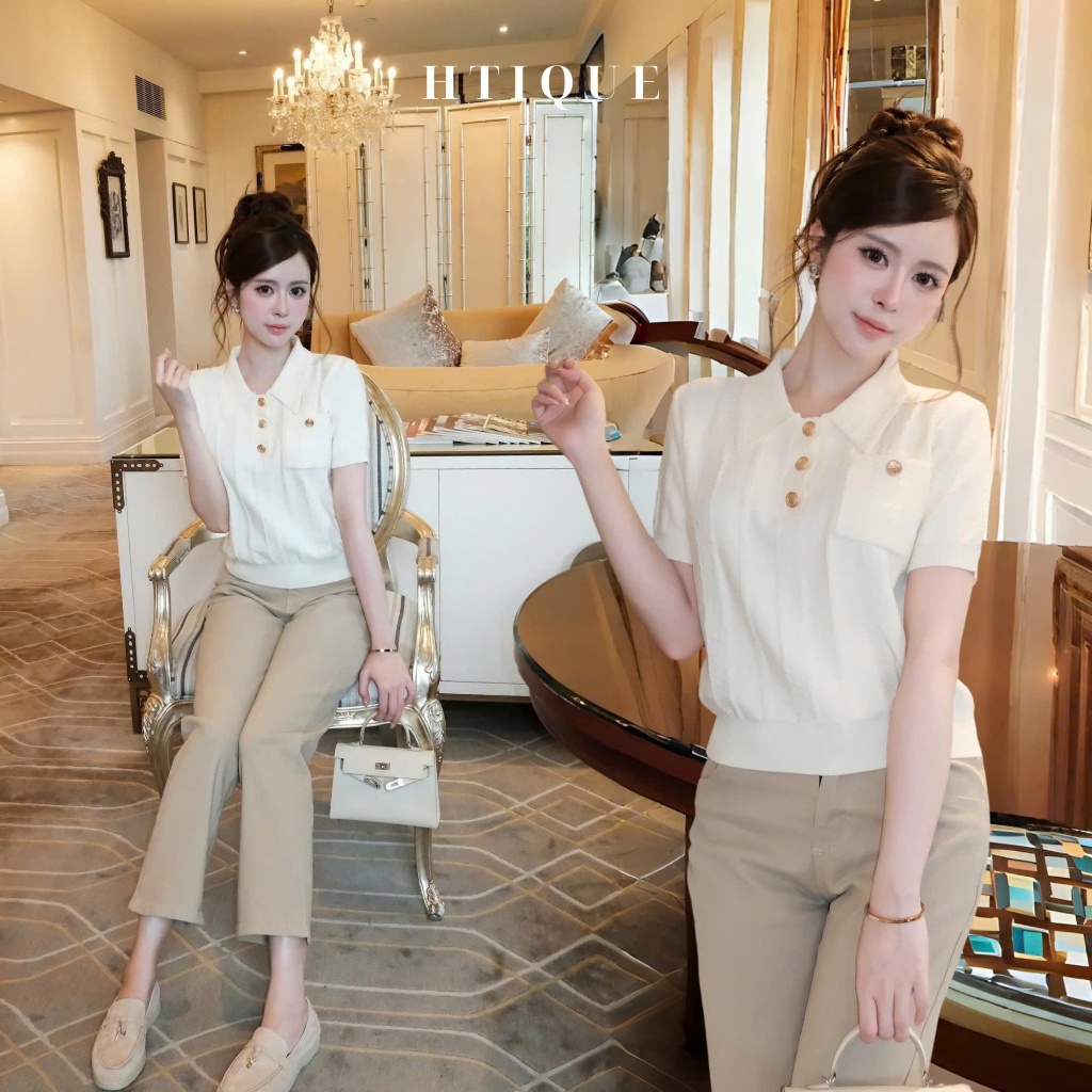HTIQUE - DEAL mở bán Áo Len Polo Nữ Tay Ngắn Form Ôm Dệt Kim Phối Túi, Áo Len Nữ Công Sở Ôm Dáng Thanh Lịch LN06