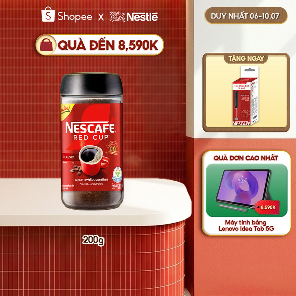 [Tặng Máy đánh bọt] Cà phê hòa tan kết hợp cà phê rang xay NESCAFÉ RED CUP Tinh chất từ cà phê nguyên chất Hũ 200g