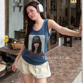 QCL1 66088 Áo thun giấy sát nách hình cô gái đội mũ siêu đẹp siêu chất(Freesize)