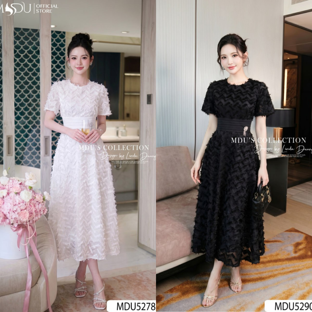 Váy Thiết Kế Dự Tiệc ADELA DESIGN Lụa Dệt Họa Tiết Trắng Thanh Lịch Đính Đá Tôn Dáng BST MDU5278