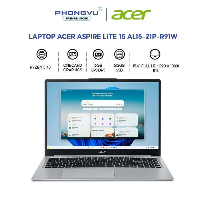 Laptop Acer Aspire Lite 15 AL15-21P-R91W Ryzen 5 - RAM 16GB - 512GB SSD - Win 11 - Bảo hành 12 tháng
