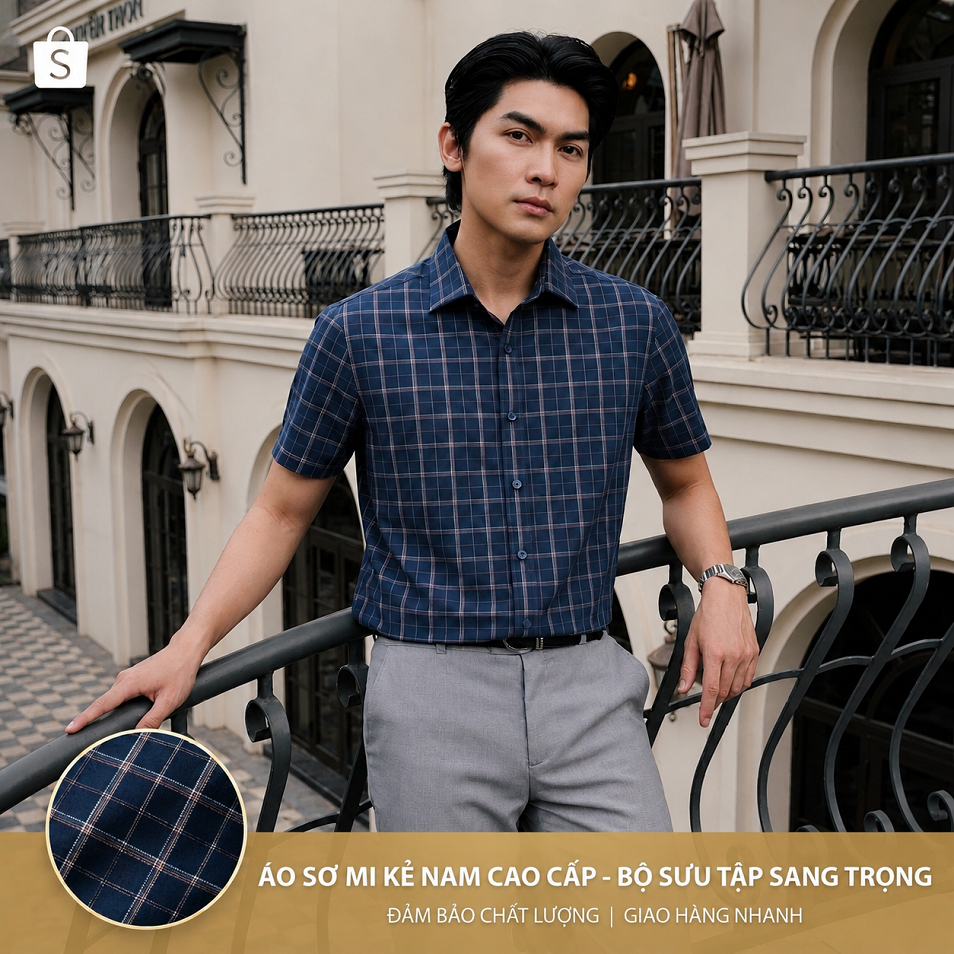 Áo Sơ Mi Kẻ Vuông Nam Ngắn Tay AZ FASHION Áo Sơ Mi Nam Caro Họa Tiết Màu Xanh Tím Than Sang Trọng