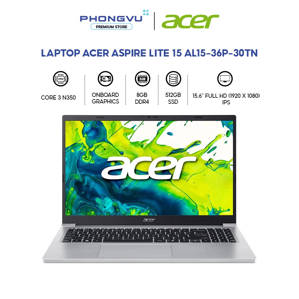 Laptop Acer Aspire Lite 15 AL15-36P-30TN - Core 3 N350 - RAM 8GB - 512GB SSD - Bảo hành 12 tháng