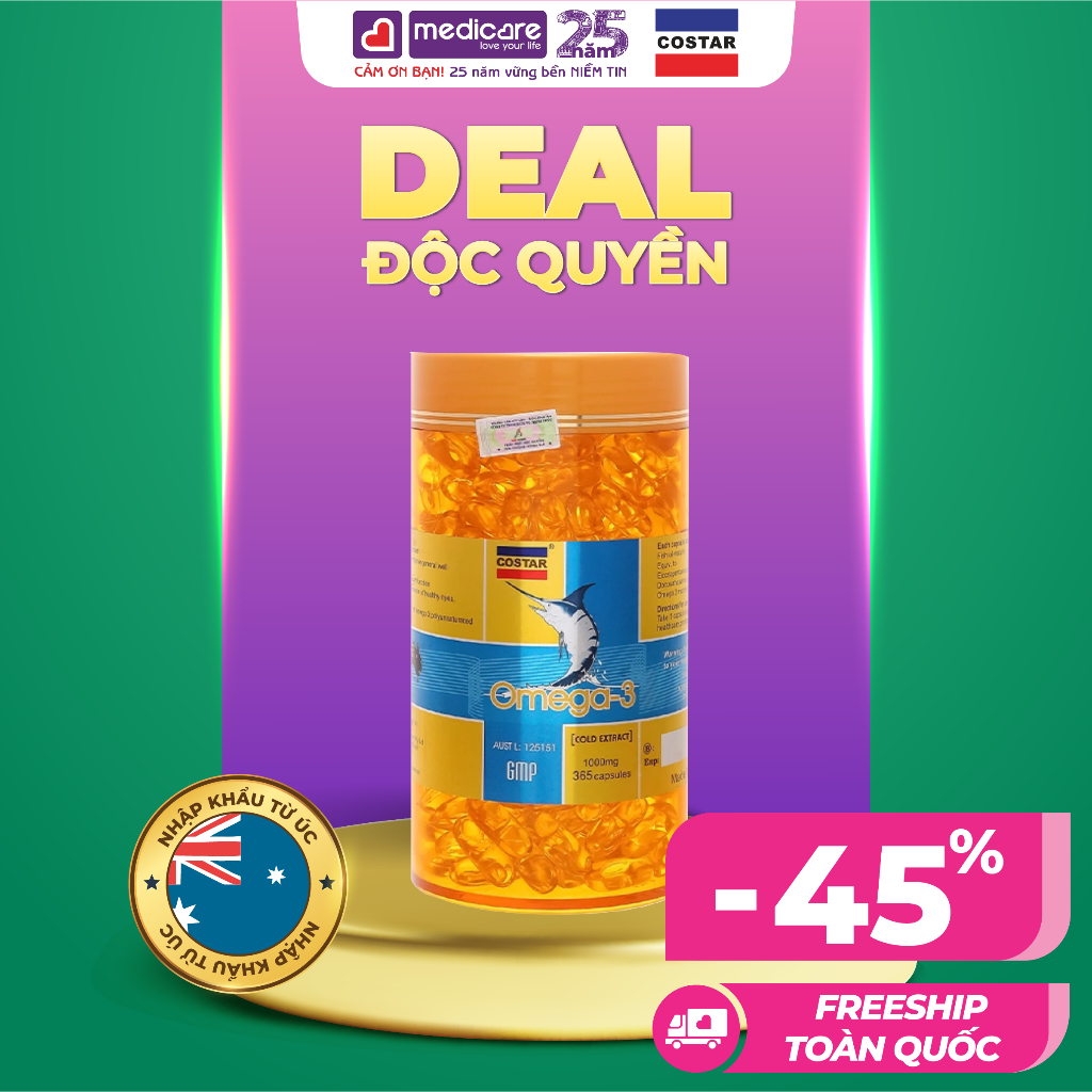 Viên uống dầu cá COSTAR Omega3 hỗ trợ giảm mỡ máu, tốt cho tim mạch và mắt 1000mg hộp 365 viên