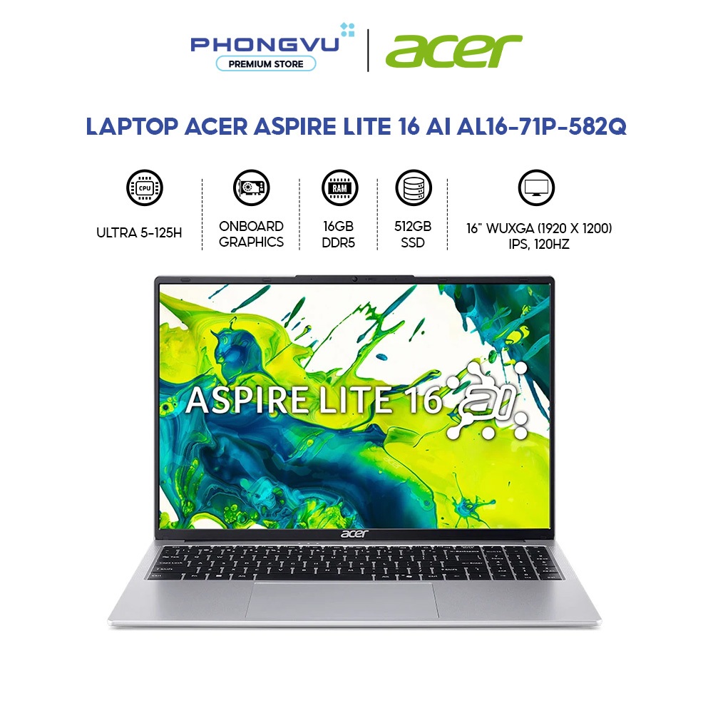 Máy tính xách tay/ Laptop Acer Aspire Lite 16 AI AL16-71P-582Q (Core Ultra 5 125H) (Bạc) - Bảo hành 12 tháng