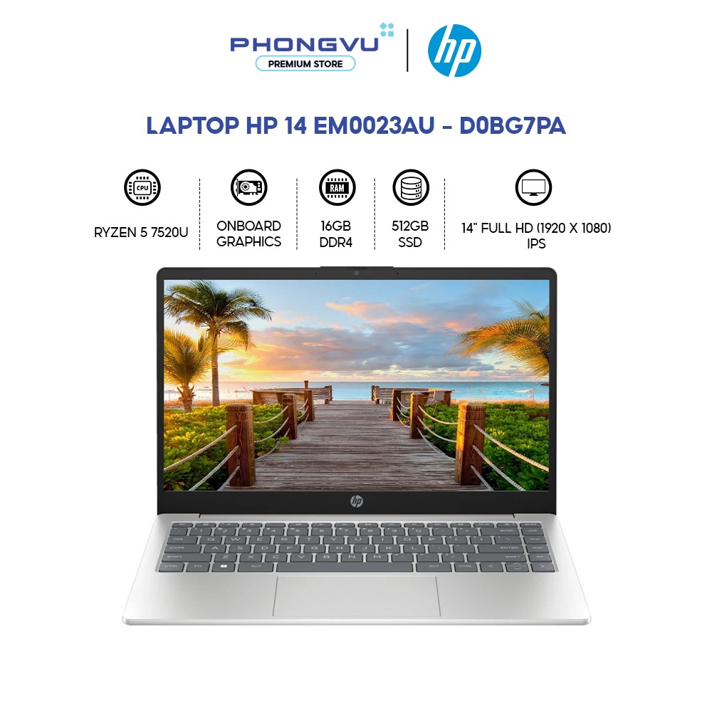 Laptop HP 14 em0023AU D0BG7PA - Ryzen 5 7520U - RAM 16GB - 512GB SSD - Windows 11 Home SL - Bảo hành 12 tháng
