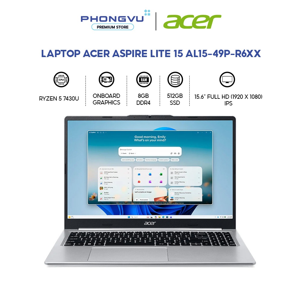 Laptop Acer Aspire Lite 15 AL15-49P-R6XX - Ryzen 5 7430U - RAM 8GB - 512GB SSD - Windows 11 Home SL - Bảo hành 12 tháng