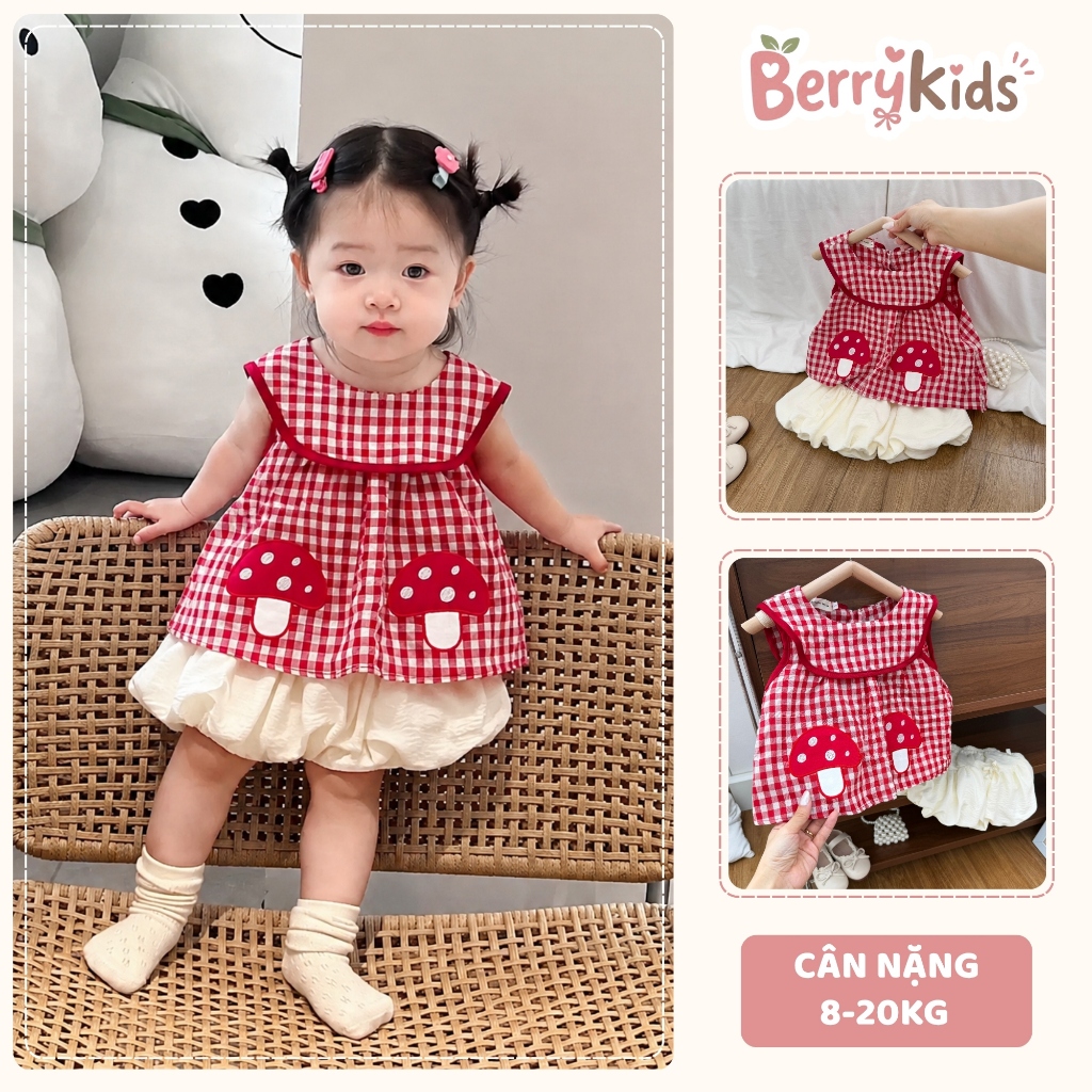 Set Bộ Hè Kèm Túi Cói Cho Bé Áo Sát Nách Họa Tiết Caro Nấm Kèm Váy Dáng Bí 2 Lớp Siêu Dễ Thương BR10