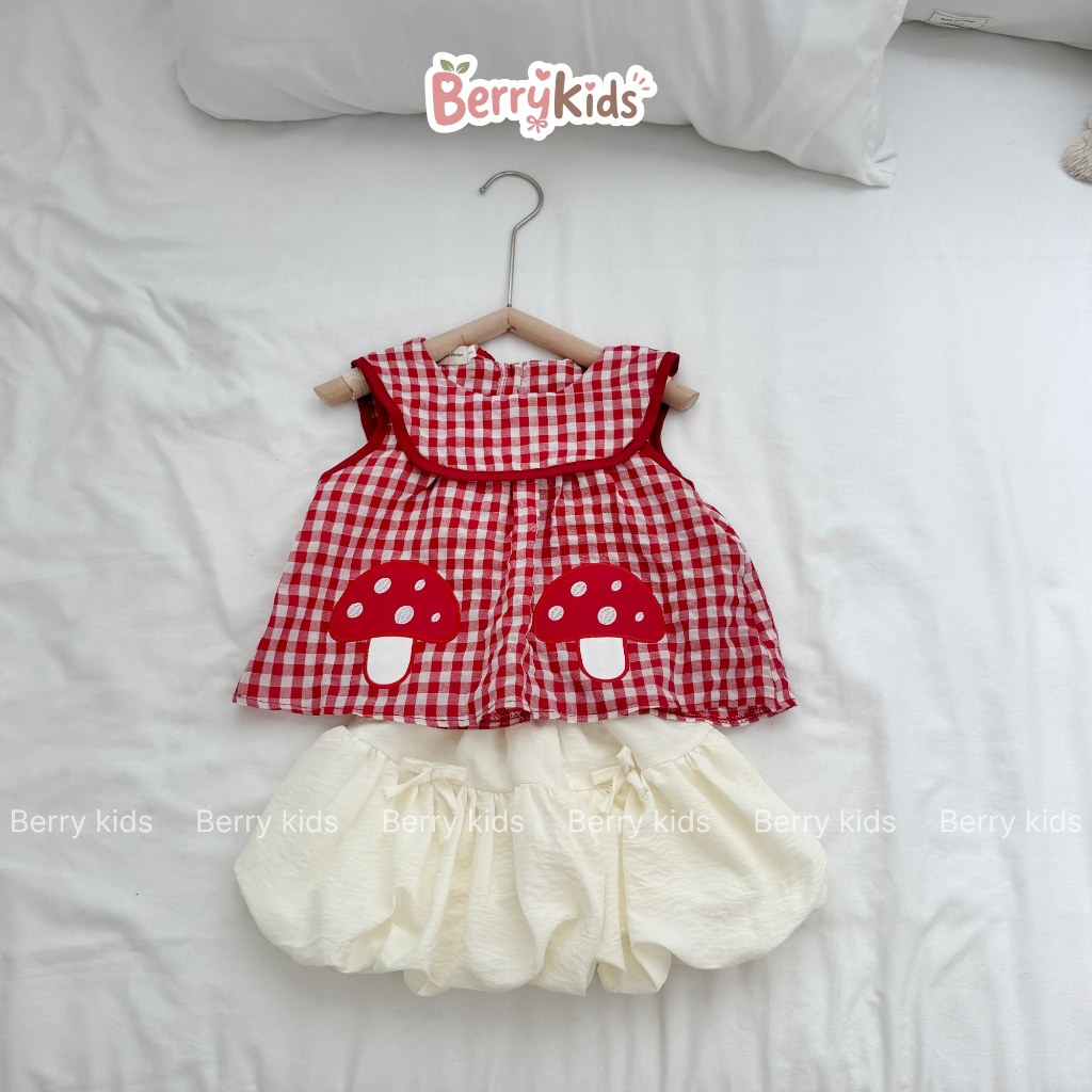 Set Bộ Hè Kèm Túi Cói Cho Bé Áo Sát Nách Họa Tiết Caro Nấm Kèm Váy Dáng Bí 2 Lớp Siêu Dễ Thương BR10