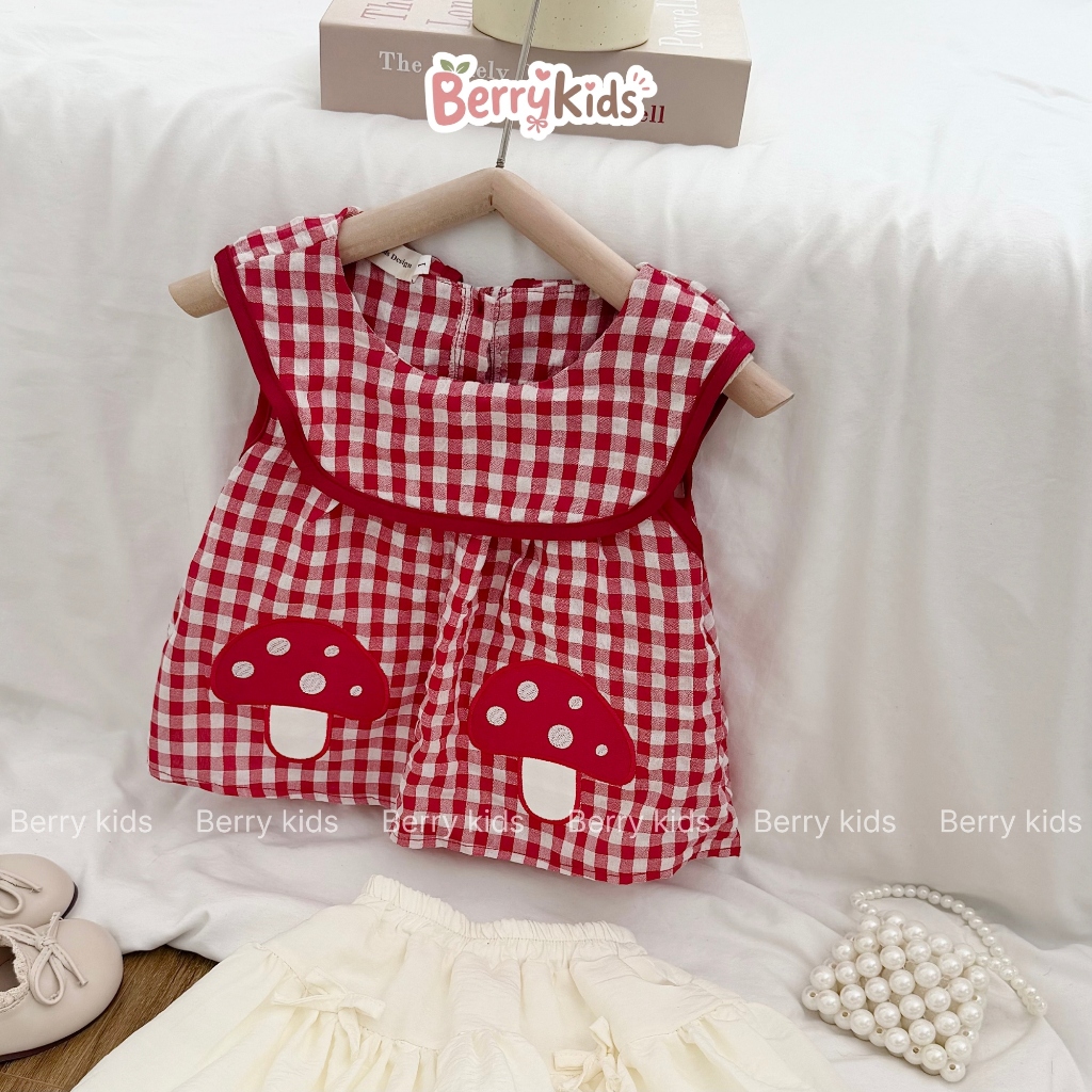 Set Bộ Hè Kèm Túi Cói Cho Bé Áo Sát Nách Họa Tiết Caro Nấm Kèm Váy Dáng Bí 2 Lớp Siêu Dễ Thương BR10
