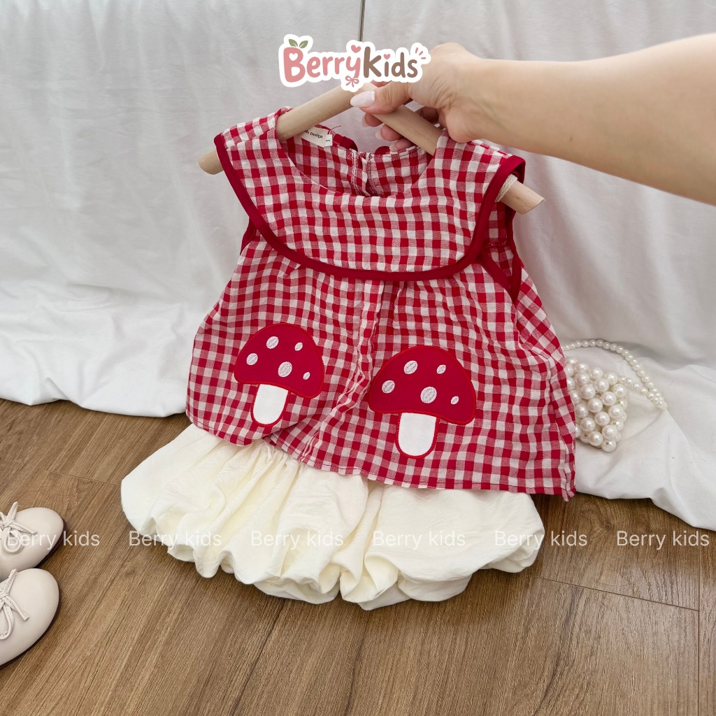 Set Bộ Hè Kèm Túi Cói Cho Bé Áo Sát Nách Họa Tiết Caro Nấm Kèm Váy Dáng Bí 2 Lớp Siêu Dễ Thương BR10