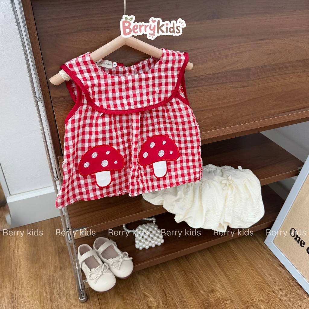 Set Bộ Hè Kèm Túi Cói Cho Bé Áo Sát Nách Họa Tiết Caro Nấm Kèm Váy Dáng Bí 2 Lớp Siêu Dễ Thương BR10