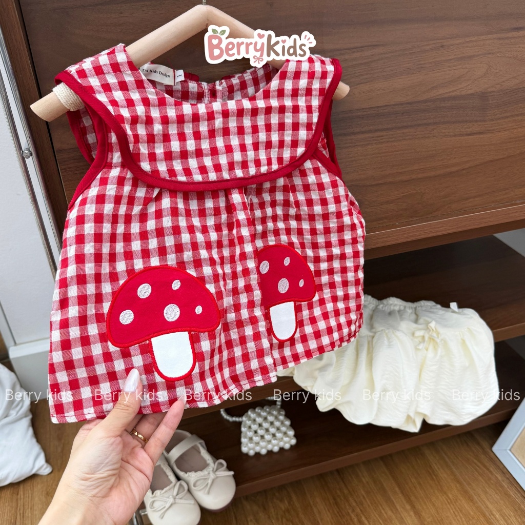 Set Bộ Hè Kèm Túi Cói Cho Bé Áo Sát Nách Họa Tiết Caro Nấm Kèm Váy Dáng Bí 2 Lớp Siêu Dễ Thương BR10