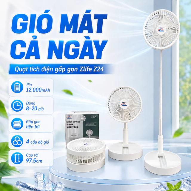 Quạt Tích Điện Pin Trâu Cỡ Lớn, Quạt Sạc Điện Gấp Gọn ZLife Sạc Pin Kéo Dài 1 mét Pin 12.000mAh