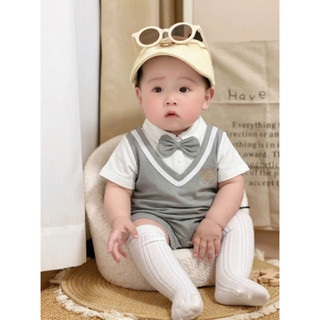 Body Liền Thân Bé Trai Phối Gile Nơ Cổ Quý Tử Hàn Quốc Romper Cho Bé Sơ Sinh Mềm Mát Dễ Thương