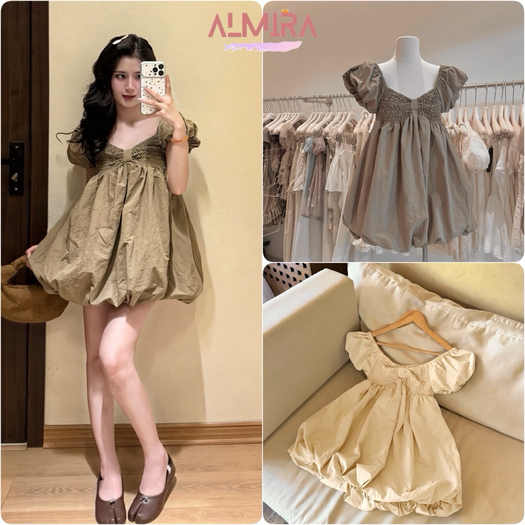Váy Bí Phồng Gió Nhăn Nhún Chun Nguc Cổ V Dáng Bí Phồng Almira | BigBuy360 - bigbuy360.vn
