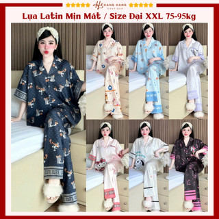 Đồ ngủ nữ bigsize cỡ đại 75-95kg, pijama dài cộc tay ngắn lụa latin mịn mát 95CD01, đồ bộ nữ đồ mặc nhà sang chảnh